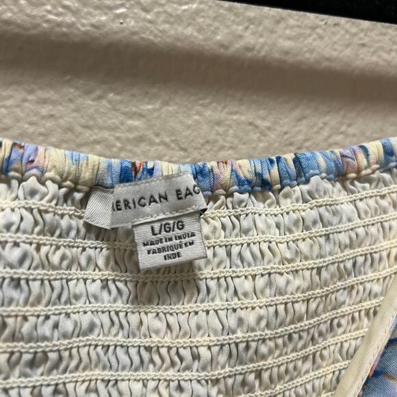 American Eagle Blue Floral Cinched Short Sleeve Tie Busty Crop Top Size Large - Picture 3 of 7